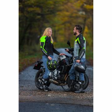 Geacă Moto Damă din Piele & Textil SIXGEAR SWITCH · Negru / Verde Fluo  - 1