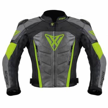 Geacă Moto din Piele SIXGEAR PHOENIX · Negru / Gri / Verde Fluo  - 0
