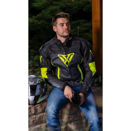 Geacă Moto din Piele SIXGEAR PHOENIX · Negru / Gri / Verde Fluo  - 1