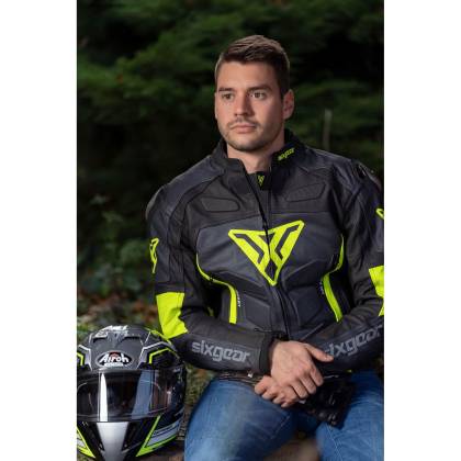 Geacă Moto din Piele SIXGEAR PHOENIX · Negru / Gri / Verde Fluo  - 5