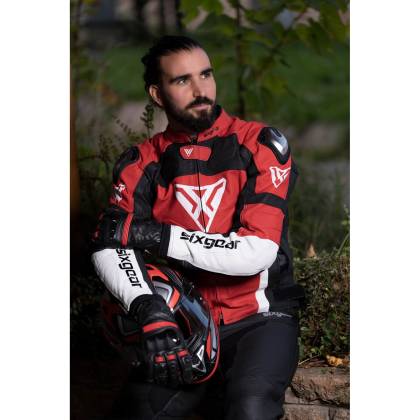 Geacă Moto din Piele SIXGEAR PHOENIX · Negru / Roșu / Alb  - 1