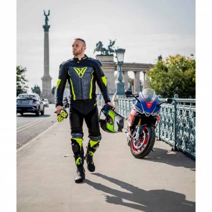 Pantaloni Moto din Piele SIXGEAR PHOENIX · Negru / Verde-Fluo / Gri  - 1