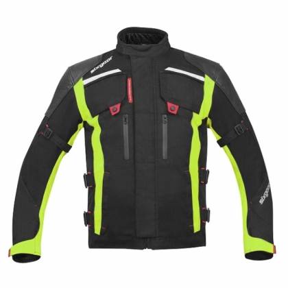Geacă Moto din Piele & Textil SIXGEAR HYBRID · Negru / Verde-Fluo  - 0