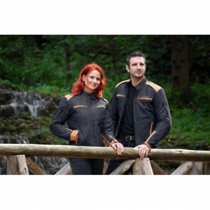 Geacă Moto Damă din Piele & Denim SIXGEAR QUEENS · Albastru / Maro  - 1