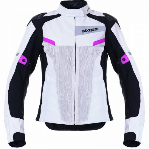Geacă Moto Damă din Piele & Textil SIXGEAR ALISA · Alb / Negru / Roz 