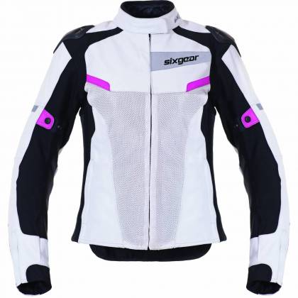 Geacă Moto Damă din Piele & Textil SIXGEAR ALISA · Alb / Negru / Roz  - 0