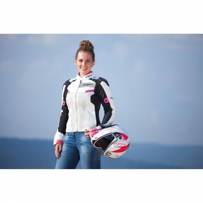 Geacă Moto Damă din Piele & Textil SIXGEAR ALISA · Alb / Negru / Roz  - 1