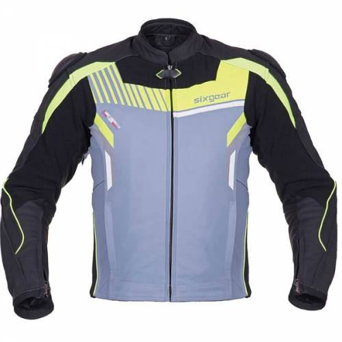 Geacă Moto din Piele & Textil SIXGEAR BLAZE · Negru / Gri / Verde-Fluo 