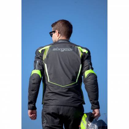 Geacă Moto din Piele & Textil SIXGEAR BLAZE · Negru / Verde-Fluo  - 3