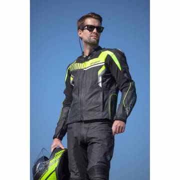 Geacă Moto din Piele & Textil SIXGEAR BLAZE · Negru / Verde-Fluo  - 1